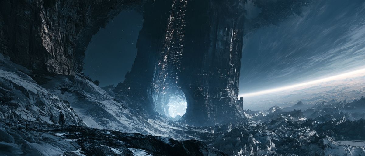 Something ancient, still lit from within, seen from the surface of a dead world